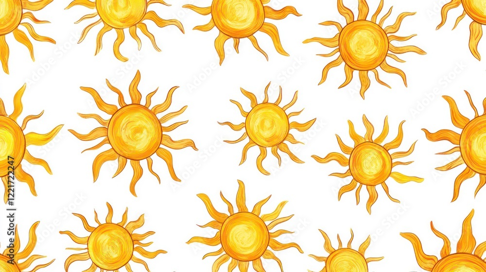 A cheerful, repeating pattern of stylized suns on a bright white background, perfect for textile design, wallpaper, or decorative applications. A cheerful, repeating pattern of stylized suns on a bright white background, perfect for textile design, wallpaper, or decorative applications.