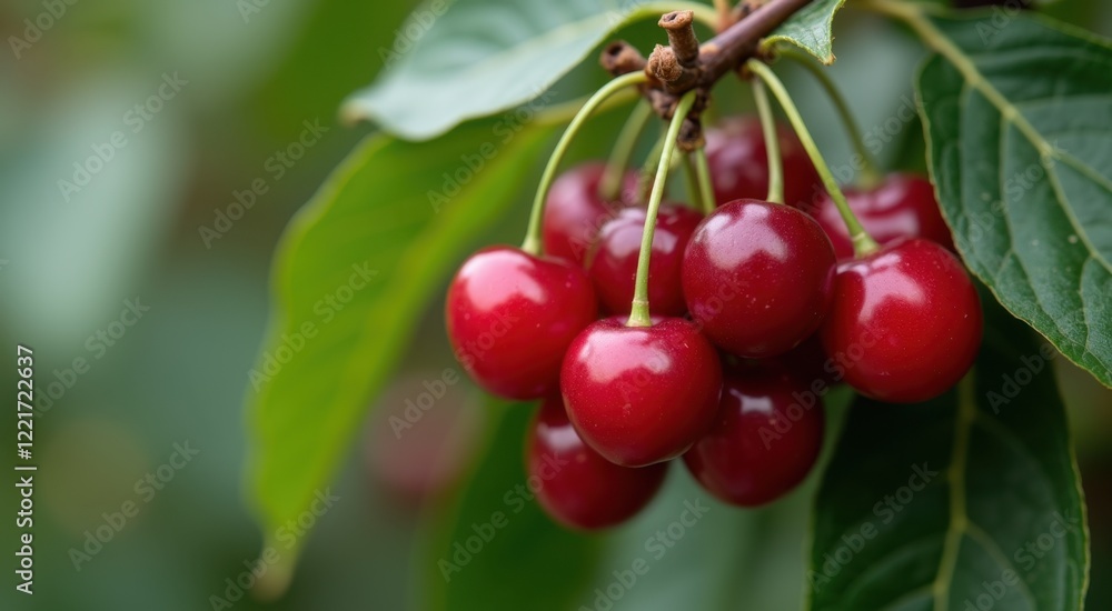 Three cherries hanging from a tree branch with leaves Three cherries hanging from a tree branch with leaves