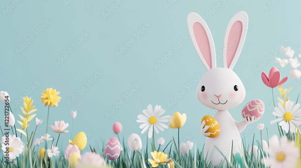 Obraz premium Easter Bunny holding eggs with a meadow of flowers in the spring, greeting card banner with copy space