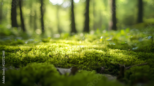 A serene spring morning in a secluded glade with a carpet of soft moss, gentle, calm. Serene Glade. Illustration