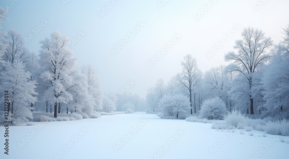 Snowy trees line a frozen river in a snowy landscape Snowy trees line a frozen river in a snowy landscape