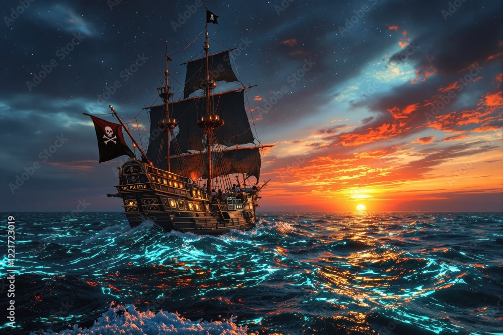 Fototapeta premium A majestic black pirate galleon sails on a dark ocean under a vibrant sunset sky, the Jolly Roger flag billowing proudly, a breathtaking scene of adventure and maritime history.