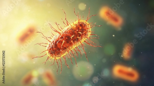 This close-up reveals the intricate details of a hairy bacterium surrounded by light, showcasing its unique structure and vibrant color