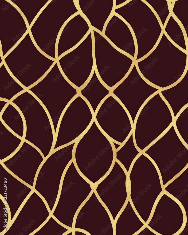 Fototapeta premium Elegant Golden Abstract Pattern on Maroon Background: A Luxurious Seamless Design for Textiles and Decor