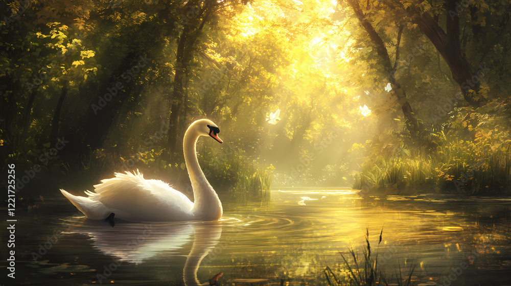 Fototapeta premium Swan in a serene, enchanted glade with magical light style fantasy. Serene Glade. Illustration
