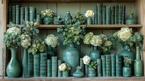Serene Green Library Shelf with Hydrangeas