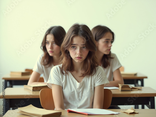 Mujer adolescente expresando diferentes estados de ánimo en el aula
 photo