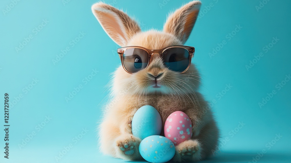 Easter bunny with sunglasses holding colorful eggs against a turquoise isolated background with copy space Easter bunny with sunglasses holding colorful eggs against a turquoise isolated background with copy space