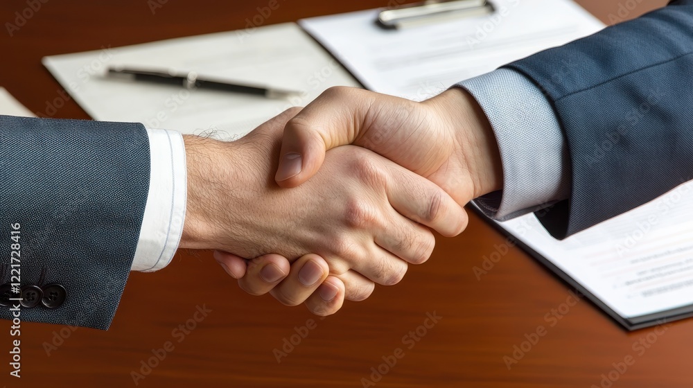 Business startup plan resources concept. Two business professionals shake hands over a wooden table, signifying agreement and partnership amid documents and a pen. Business startup plan resources concept. Two business professionals shake hands over a wooden table, signifying agreement and partnership amid documents and a pen.