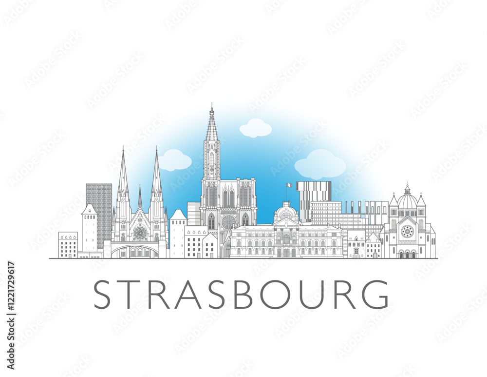 Fototapeta premium Strasbourg cityscape illustration skyline drawing