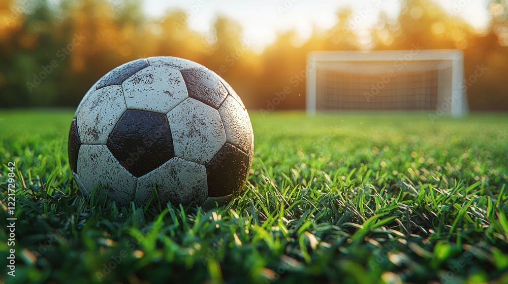 Fototapeta premium Soccer Ball on Lush Green Field at Sunset