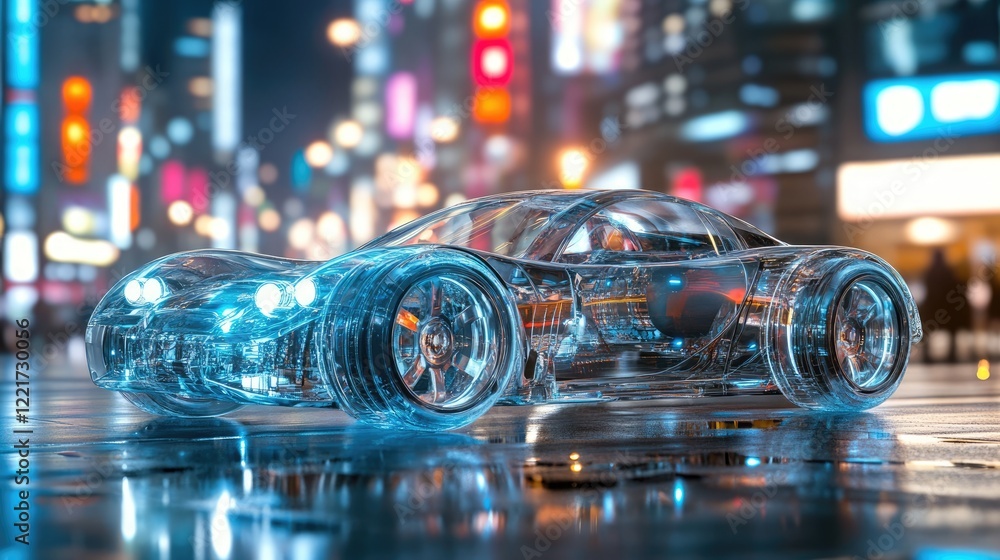 Futuristic car with transparent body parts with city background Futuristic car with transparent body parts with city background