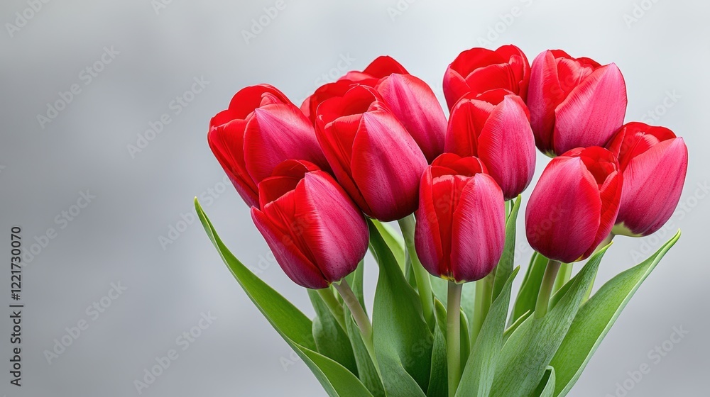 Fototapeta premium Vibrant red tulips in bloom with lush green leaves against a soft gray background