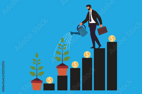 Businessman steps up the career ladder, investing in growth with a watering can and briefcase.  Business, Career, Growth, Success, Investment, Ambition