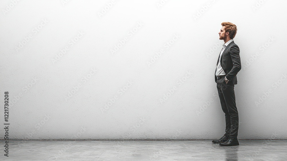Businessman in profile against a plain white wall. A minimalist portrait showing a man in a suit, conveying contemplation, success, or ambition. Businessman in profile against a plain white wall. A minimalist portrait showing a man in a suit, conveying contemplation, success, or ambition.