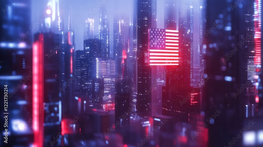 Futuristic city with blurred USA flag background Futuristic city with blurred USA flag background