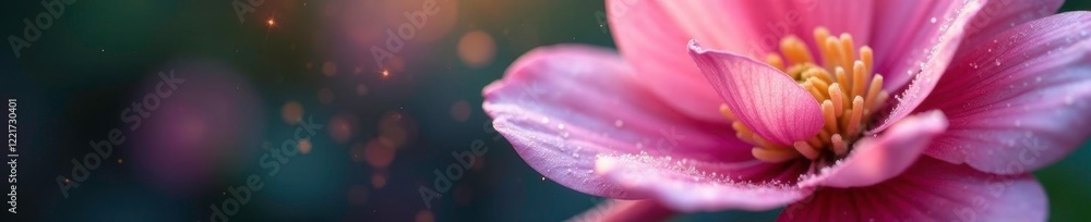 Iridescent glitter dust settles on a delicate flower petal, foliage, pink Iridescent glitter dust settles on a delicate flower petal, foliage, pink