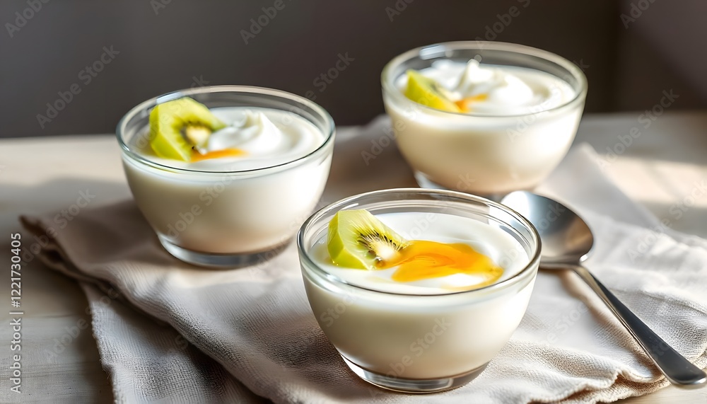 An ultra-realistic shot of a delicate coconut milk pudding served in small, clear bowls, garnished with a few slices of fresh kiwi and a drizzle of honey. The pudding should appear smooth and creamy