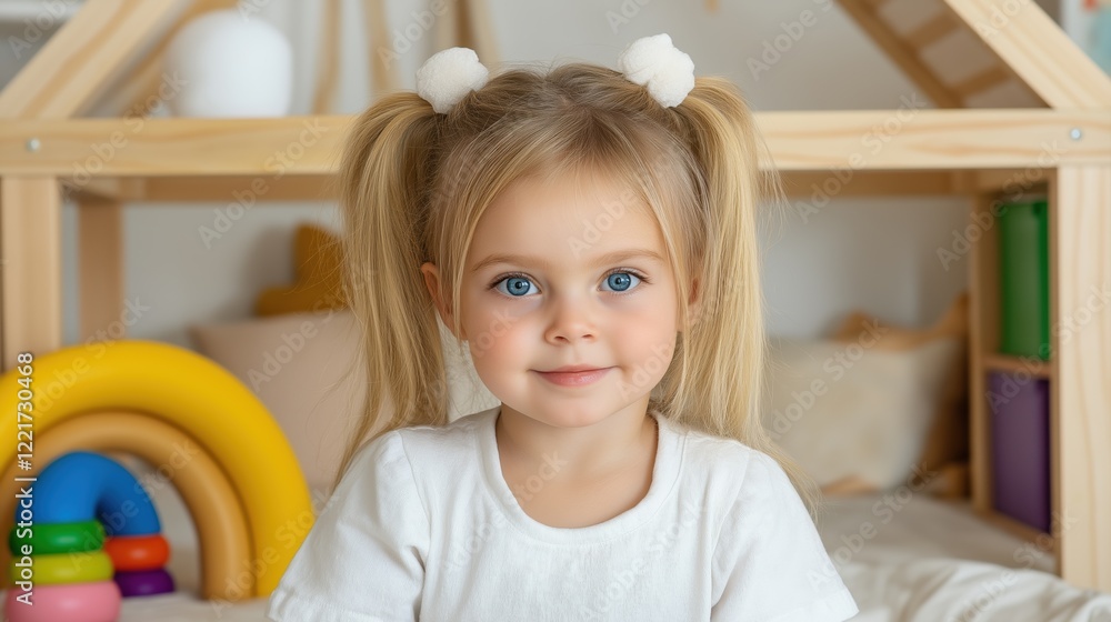 Adorable girl with pigtails smiling in cozy playroom with colorful toys Adorable girl with pigtails smiling in cozy playroom with colorful toys
