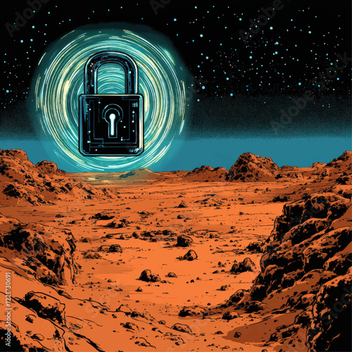 Futuristic Lock Security on Mars Surface with Cosmic Galaxy Background – Vector Illustration of Space Security, Digital Protection, and Science Fiction Themes