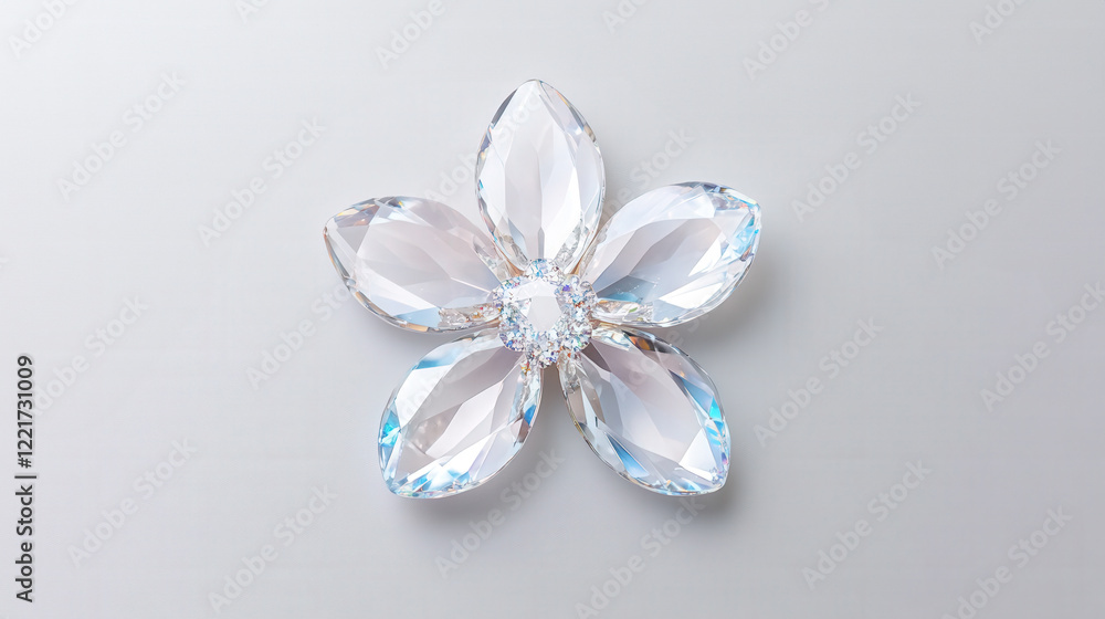 Elegant crystal flower brooch with sparkling faceted petals on minimalist background Elegant crystal flower brooch with sparkling faceted petals on minimalist background