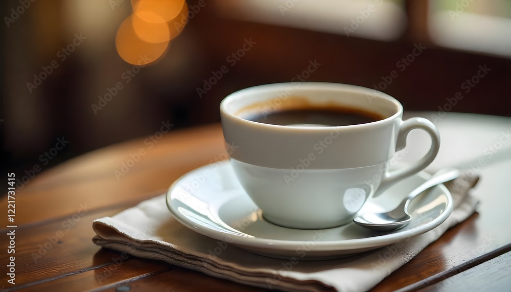 A realistic image of a freshly brewed cup of black coffee on a saucer, with a small spoon resting beside it. The coffee should have a rich, dark color, with the surface smooth and free of bubbles. A realistic image of a freshly brewed cup of black coffee on a saucer, with a small spoon resting beside it. The coffee should have a rich, dark color, with the surface smooth and free of bubbles.
