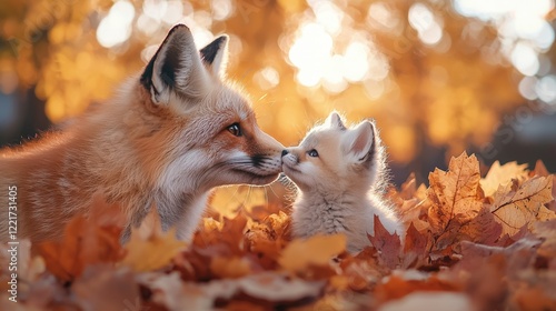 Adorable fox and kit nose-to-nose amidst vibrant autumn leaves in a sunlit forest photo