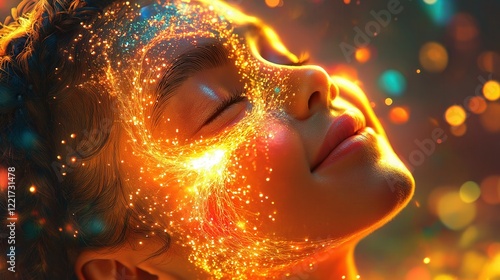 Enchanting portrait of woman with cosmic glowing effects and dreamy expression