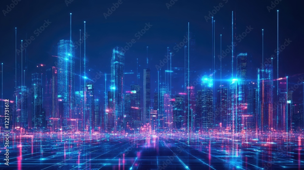 Futuristic cyber cityscape illuminated with digital technology and neon lights, smart urban at night Futuristic cyber cityscape illuminated with digital technology and neon lights, smart urban at night