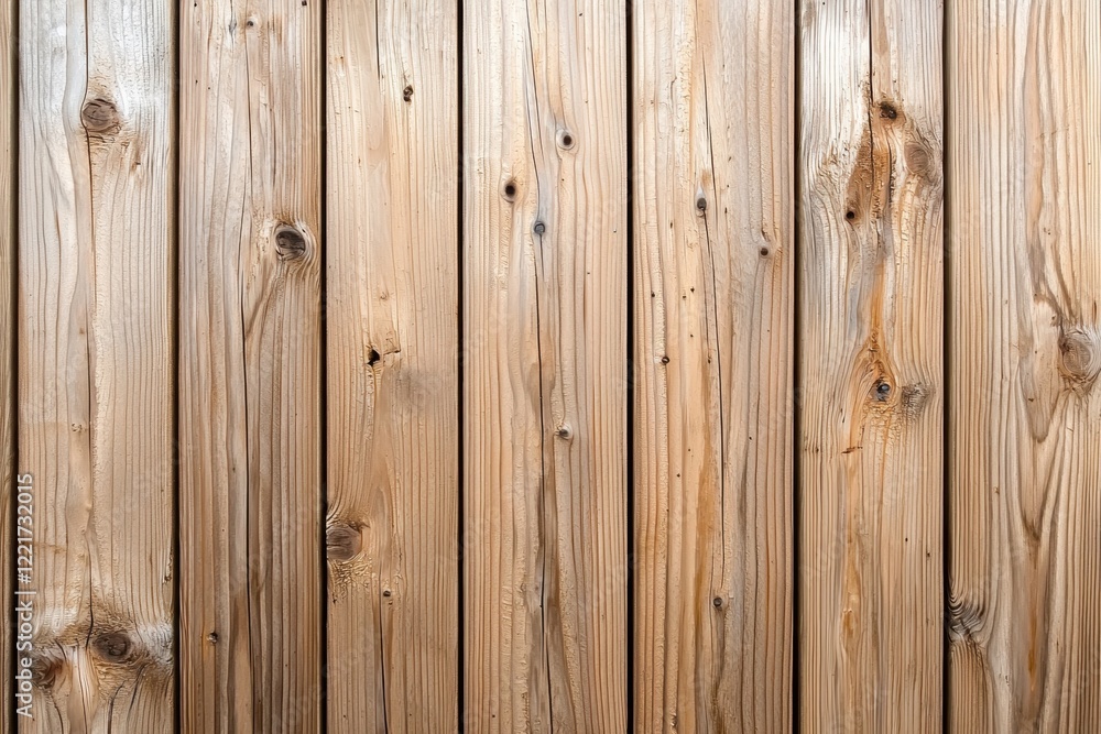 Naklejka premium Concept of coastal relaxation with resort peace. A close-up of wooden planks arranged vertically, showcasing a natural grain pattern and warm tones, ideal for rustic or natural-themed designs.