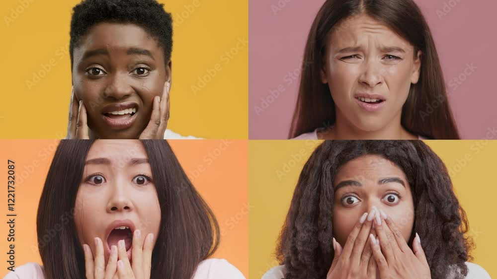 A diverse group of four individuals displays strong emotional reactions, each expressing surprise. Their gestures and facial expressions convey a mix of shock and awe against vibrant backgrounds. A diverse group of four individuals displays strong emotional reactions, each expressing surprise. Their gestures and facial expressions convey a mix of shock and awe against vibrant backgrounds.