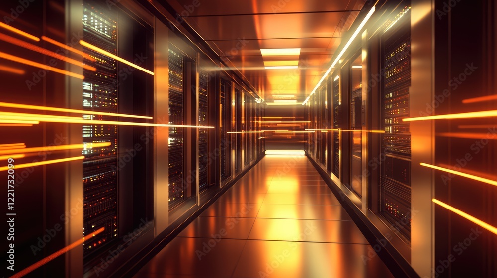 Futuristic data center corridor showing server racks with high speed data transferring Futuristic data center corridor showing server racks with high speed data transferring