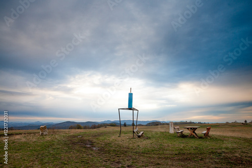 Panorama of the top and summit of Vrh Rajac moutain at dusk in autumn. Rajac is a mountain of Sumadija in Serbia, part of the dinaric alps, a major serbian natural touristic destination. photo