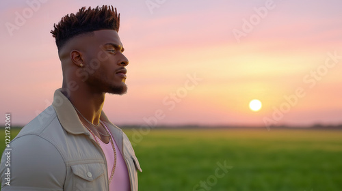 Contemplative man enjoying tranquil sunset in open field