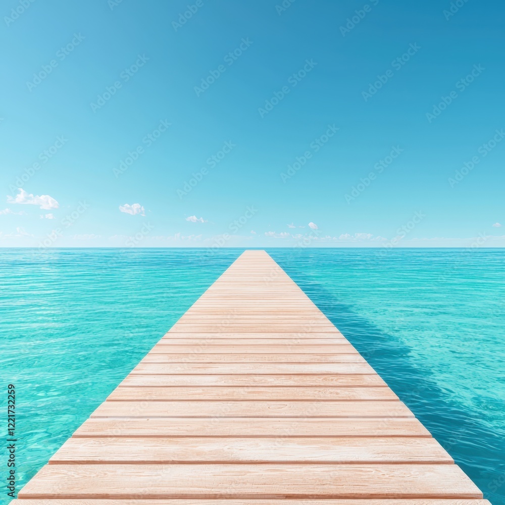 Obraz premium Concept of coastal relaxation with resort peace. A serene wooden pier stretches into bright turquoise waters under a clear sky, evoking tranquility and the beauty of nature.