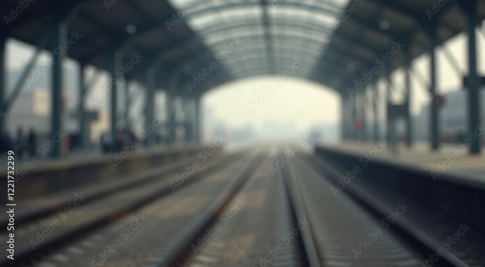 Blurry image of a train station with a train on the tracks Blurry image of a train station with a train on the tracks