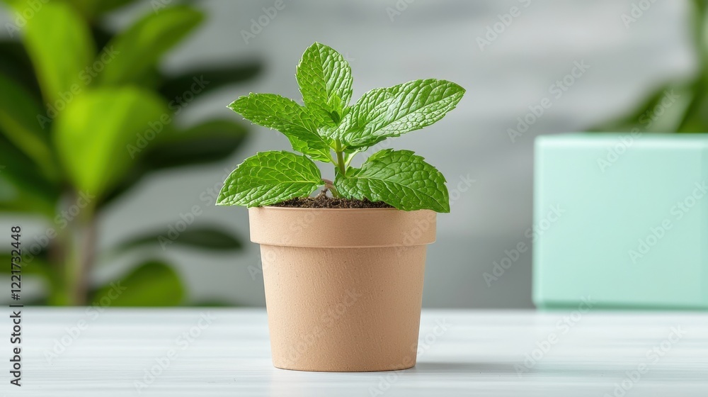 Fototapeta premium Fresh mint plant in terracotta pot on minimalistic background