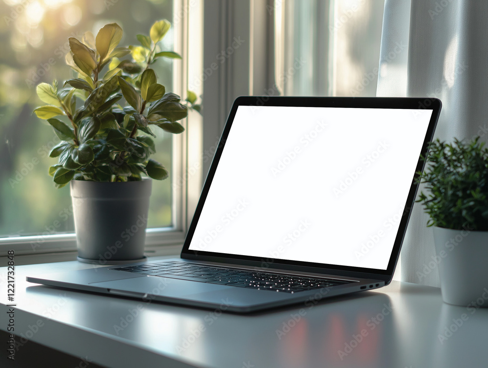 A bright workspace with a white laptop mockup featuring a blank screen on a sunlit desk near a window. Surrounded by greenery, the clean and refreshing atmosphere emphasizes simplicity and focus. A bright workspace with a white laptop mockup featuring a blank screen on a sunlit desk near a window. Surrounded by greenery, the clean and refreshing atmosphere emphasizes simplicity and focus.