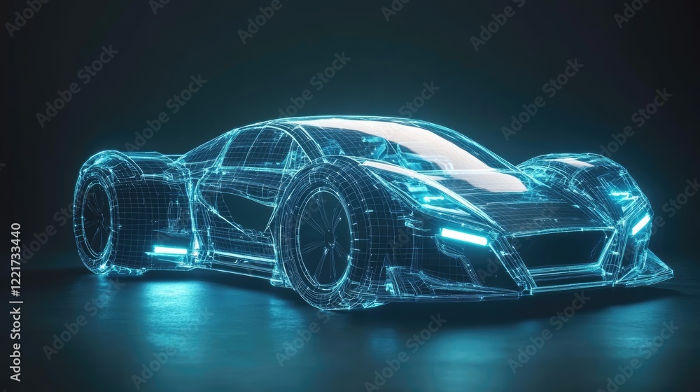 Futuristic electric car with holographic wireframe digital technology background Futuristic electric car with holographic wireframe digital technology background