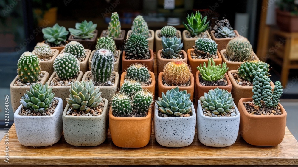 Diverse succulent and cactus collection in decorative pots displayed on wooden table Diverse succulent and cactus collection in decorative pots displayed on wooden table