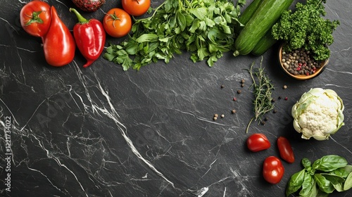 Fresh vegetables arranged on dark marble, copy space, recipe background photo