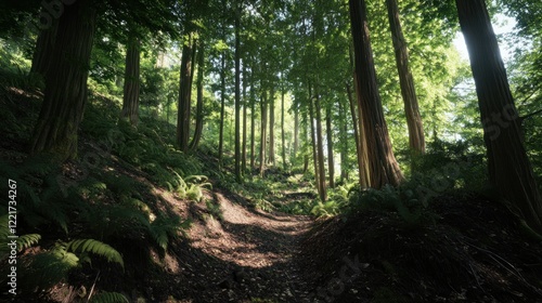 Wallpaper Mural Sunlit forest path, uphill trail, dappled light, ferns, nature scene, tranquility, hiking Torontodigital.ca