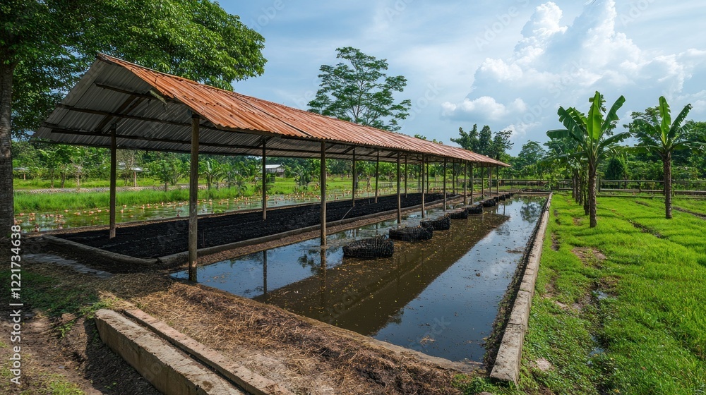 Rural fish farm aquaculture ponds, tropical setting Rural fish farm aquaculture ponds, tropical setting