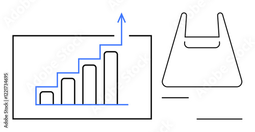 Bar chart with upward trend arrow and shopping bag outline. Ideal for market analysis, retail growth, sales strategy, business performance, economic development, consumer behavior, financial reports