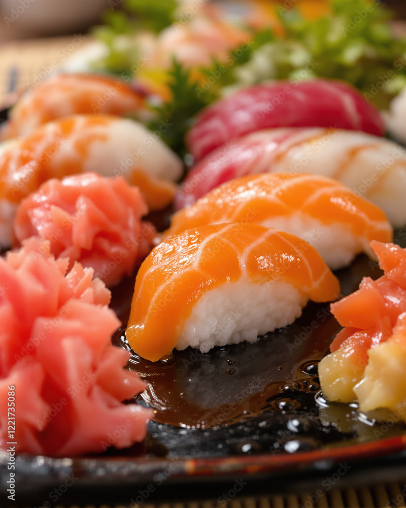 A delectable assortment of freshly prepared sushi, featuring vibrant salmon nigiri, tuna, and other assorted fish, artfully arranged on a dark lacquered tray with pickled ginger A delectable assortment of freshly prepared sushi, featuring vibrant salmon nigiri, tuna, and other assorted fish, artfully arranged on a dark lacquered tray with pickled ginger
