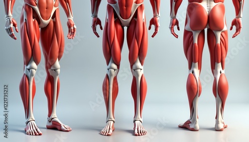 Detailed anatomical illustration of human leg muscles from front side, rear views. Muscle structure, bones clearly shown. Educational resource for biomedicine anatomy study. Shows leg muscles