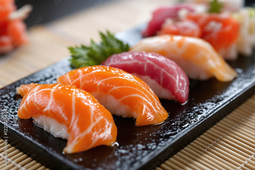 A Close-Up Shot of Fresh, Vibrant Sushi Nigiri Featuring Salmon, Tuna, and Other Varieties Arranged on a Sleek Black Plate, Showcasing the Exquisite Detail A Close-Up Shot of Fresh, Vibrant Sushi Nigiri Featuring Salmon, Tuna, and Other Varieties Arranged on a Sleek Black Plate, Showcasing the Exquisite Detail