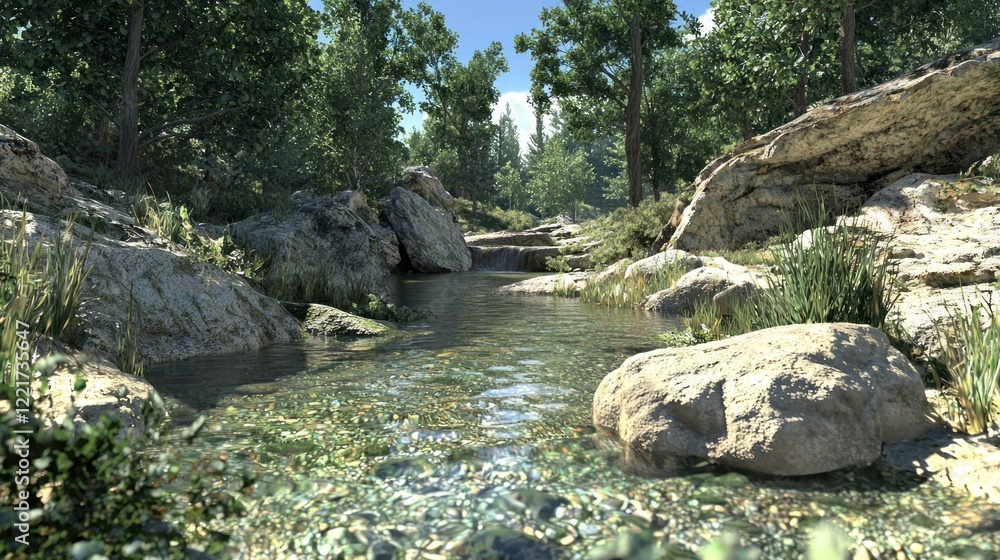 Serene forest stream flows through rocks, sunlight dappling, background trees, nature scene Serene forest stream flows through rocks, sunlight dappling, background trees, nature scene