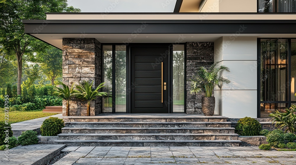 Obraz premium Modern House Entrance Design: Elegant Home Exterior with Stone Accents and Lush Greenery