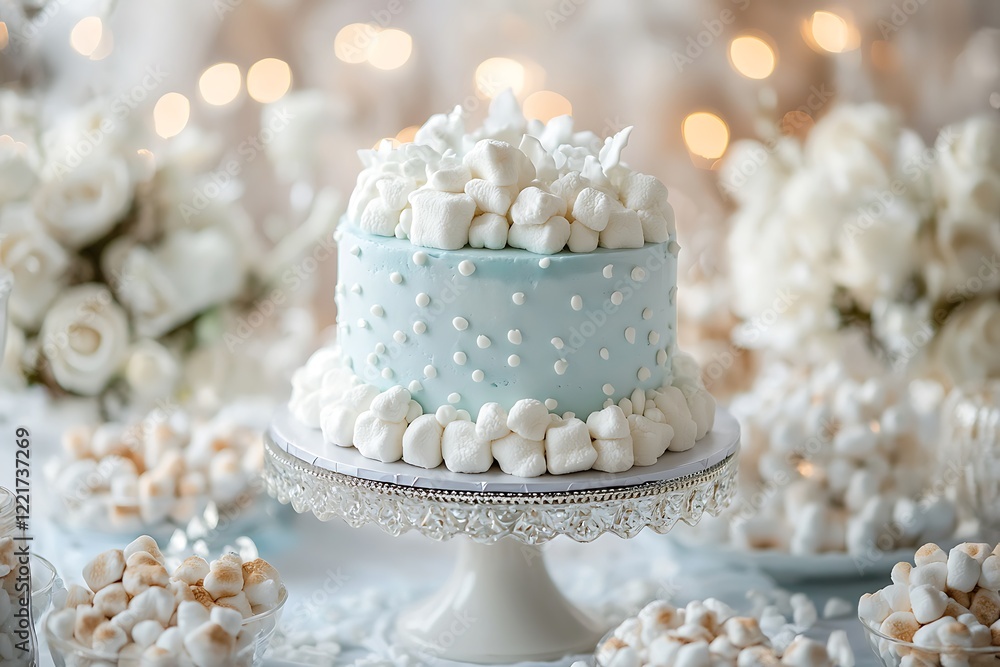 Fototapeta premium A delicate pastel blue and white theme featuring a marshmallow-decorated cake and airy decor elements